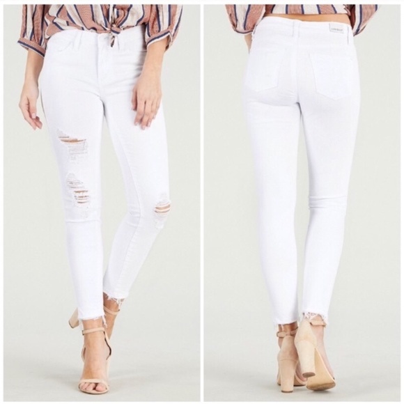White Mid Rise Destroyed Hem Cropped Skinny Jeans - Picture 1 of 4
